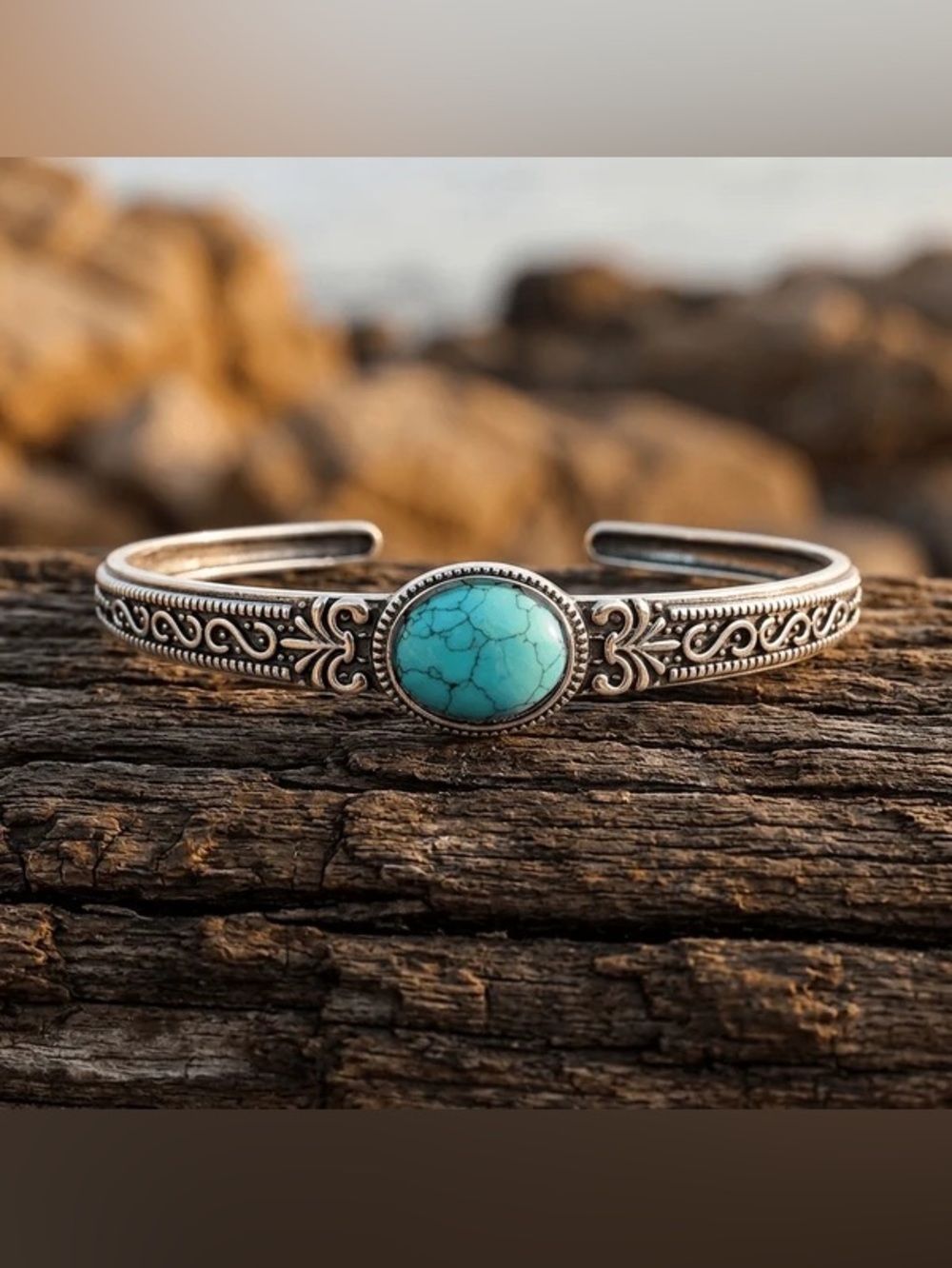 Vintage Look Turquoise Silver-Tone Cuff Bracelet Southwestern Boho Statement 7”